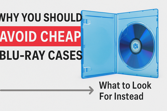 Visual comparison showing a broken Blu-ray case and text highlighting why to avoid cheap Blu-ray cases and what to look for instead.