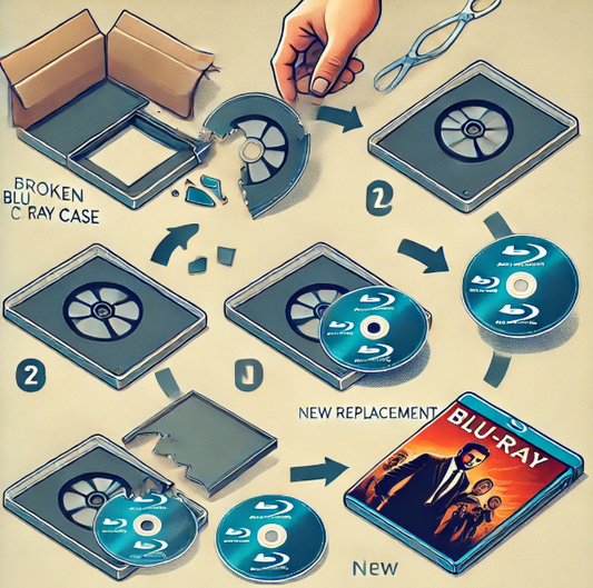 Step-by-step guide showing how to replace a broken Blu-ray case, featuring a damaged case, a replacement case, and the transfer of a Blu-ray disc and cover art