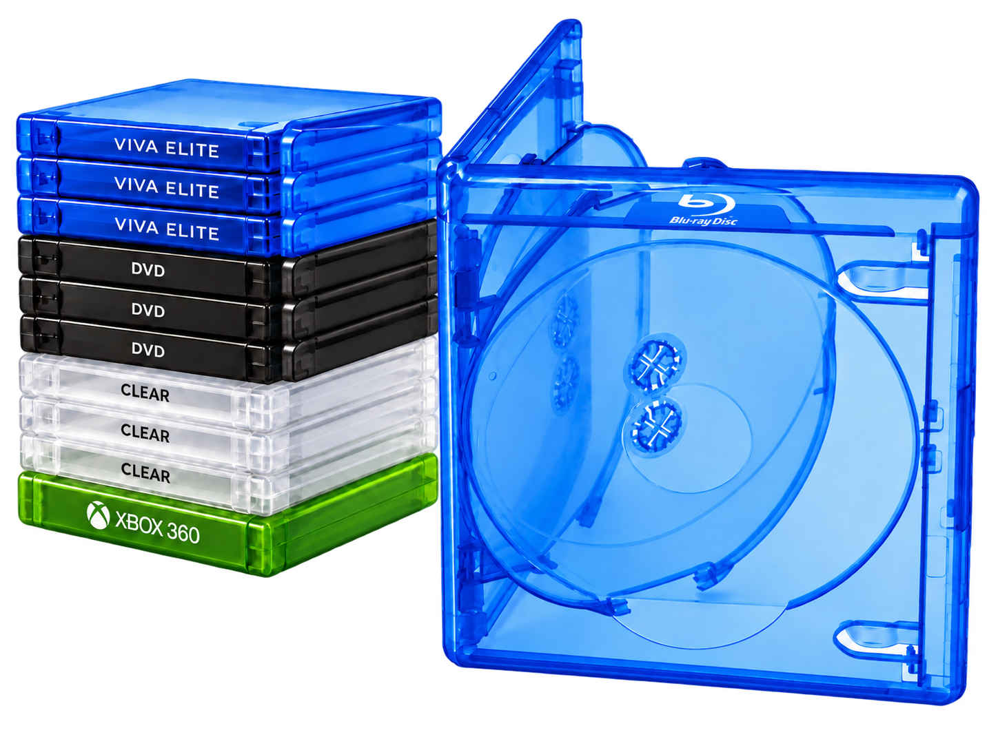Stacked VIVA ELITE, DVD, clear and Xbox 360 replacement cases beside an open blue multi-disc case